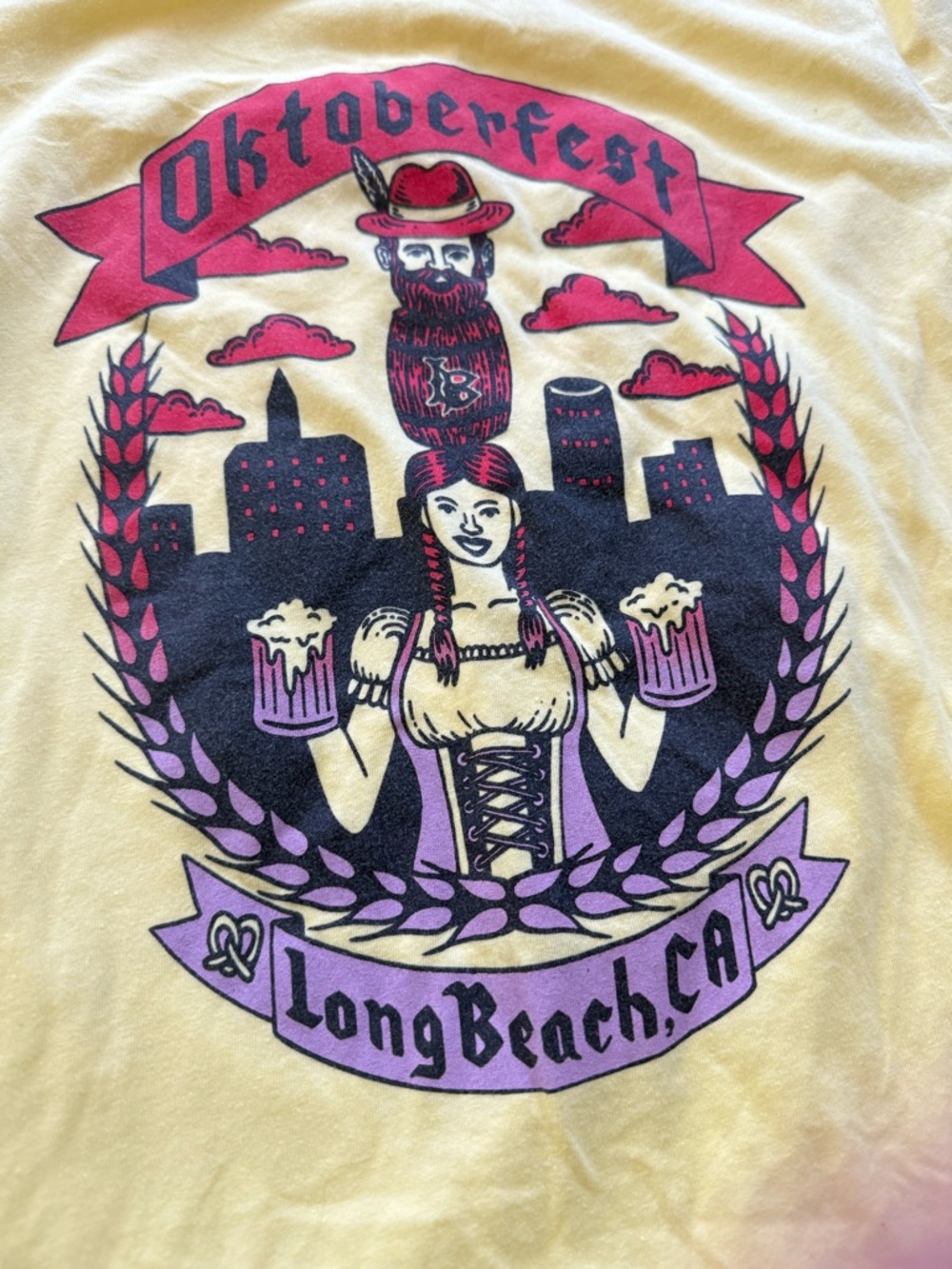 Oktoberfest Long Beach Graphic Tee - Yellow with Pink & Black Print S